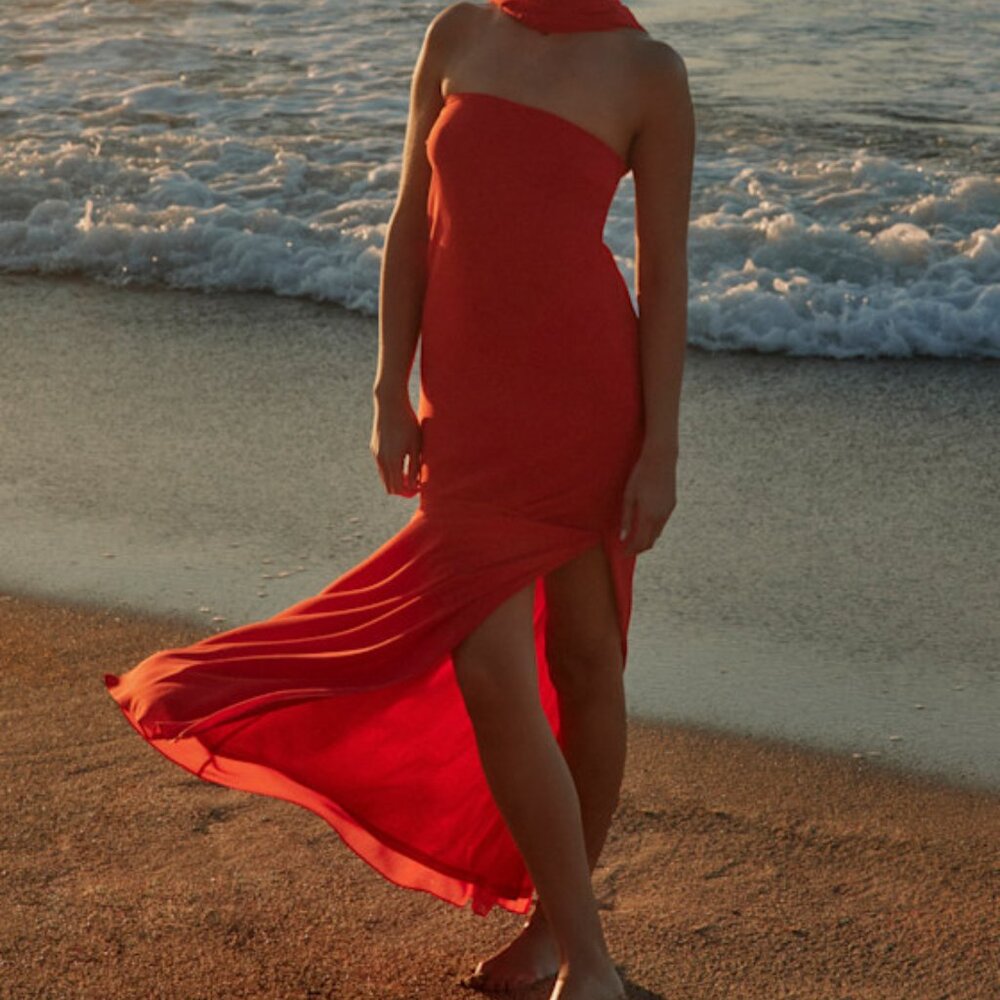 Lulus Rawya Red Orange Strapless Maxi Dress And Scarf Set - Size XL